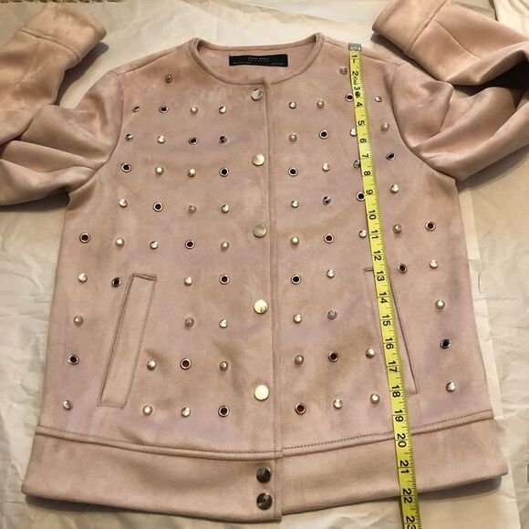 Zara Pastel Pink Faux Suede Studded Jacket Size S Collarless - Picture 12 of 14